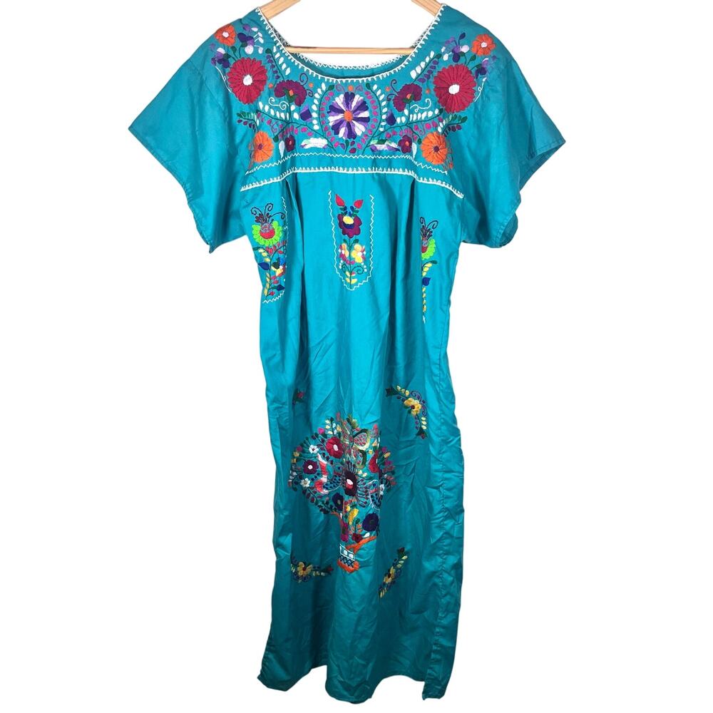 Vintage 1970’s Authentic Mexican Embroidered Aqua Blue Green Floral Smock Dress